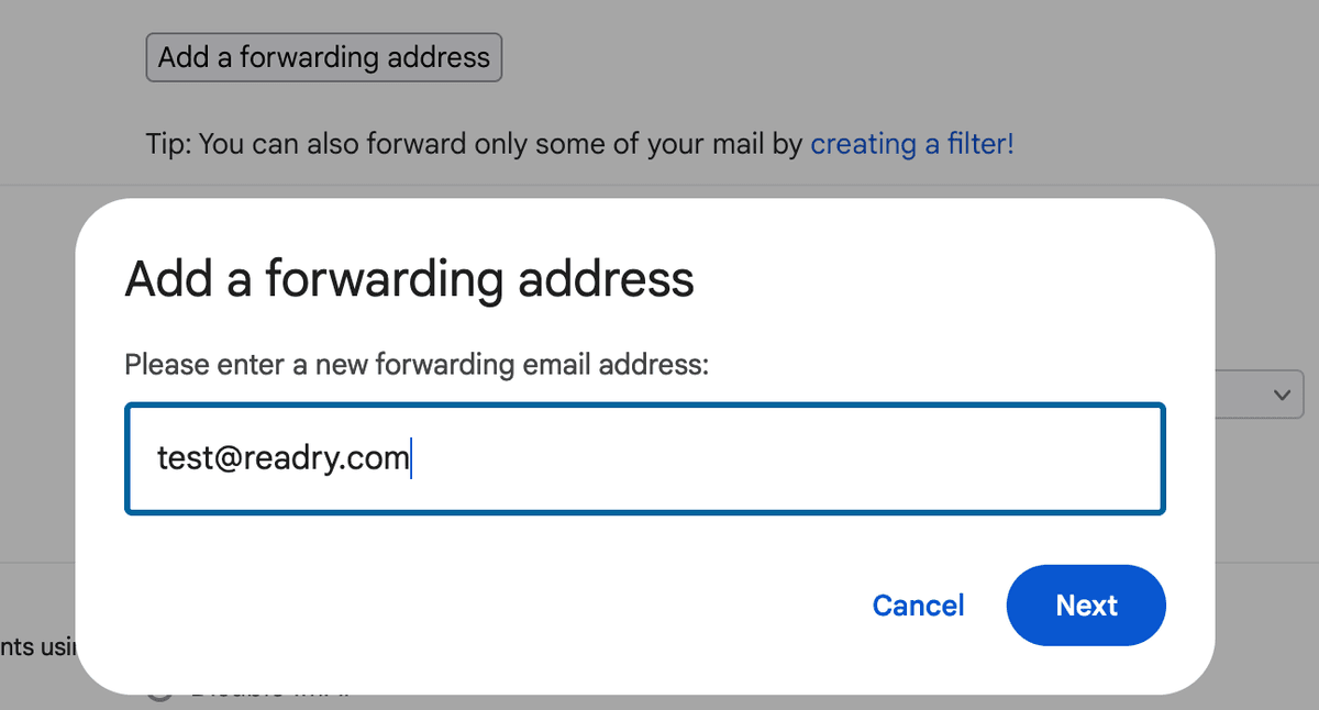 Add forwarding address button in Gmail settings